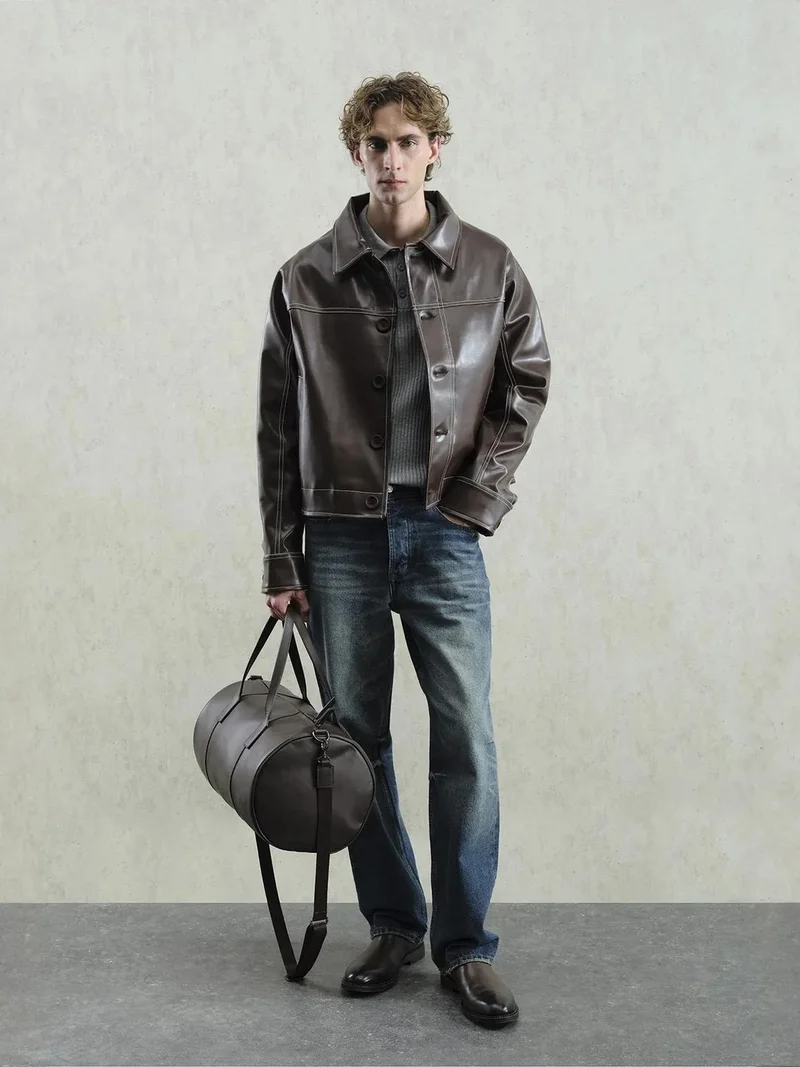 جيستو GIESTO Faux Leather Relaxed Fit Buttoned Jacket